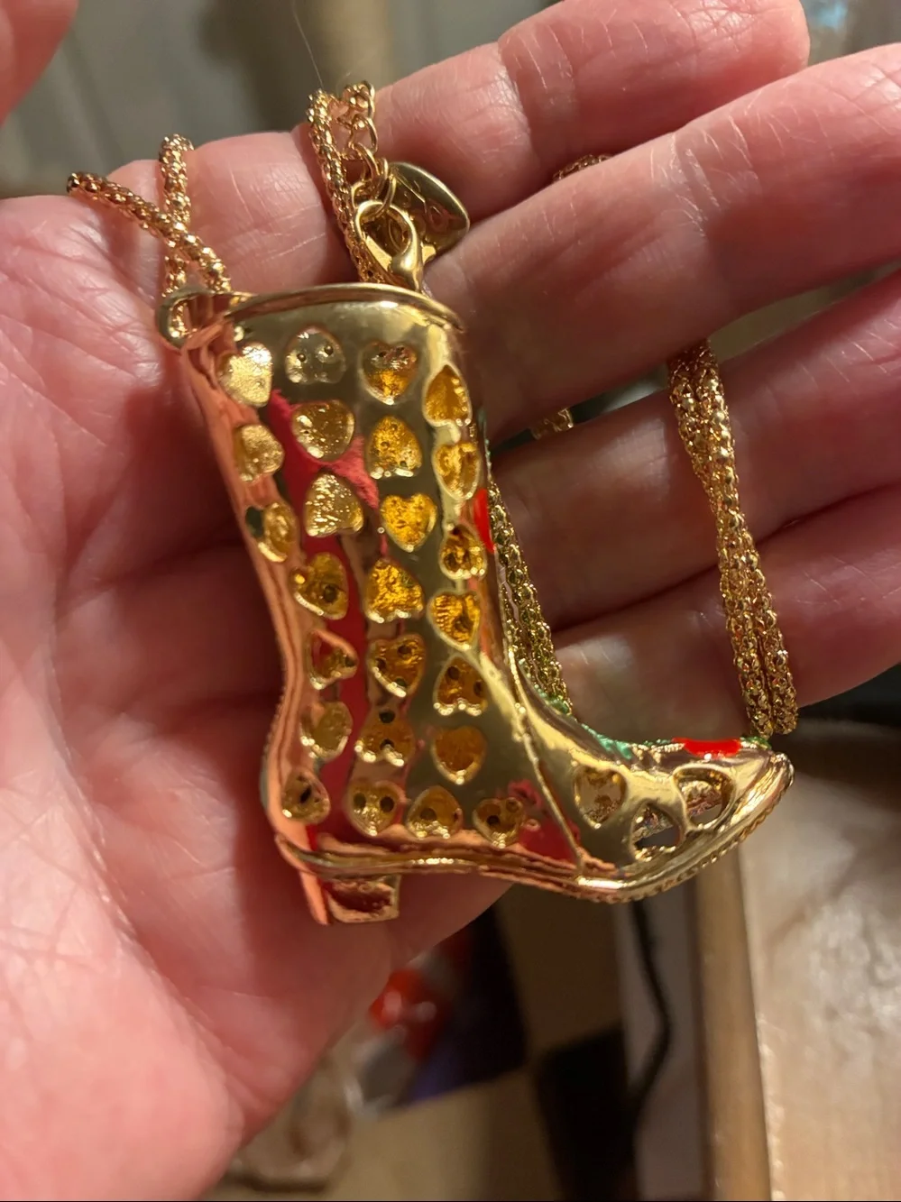 Green Jeweled Cowboy Boot Pendant Necklace